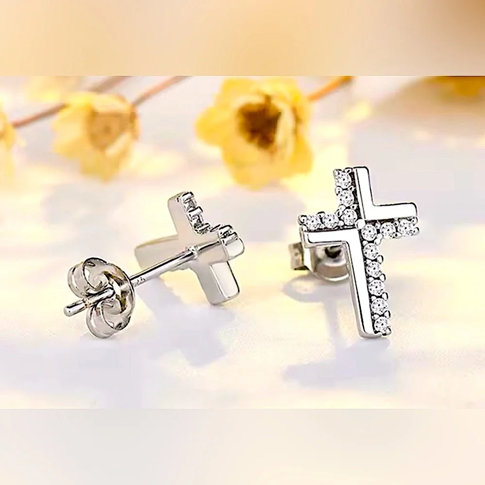 NEW SIMULATED DIAMOND CROSS STUD EARRINGS,‎ RELIGIOUS JEWELRY , MENS JEWELRY